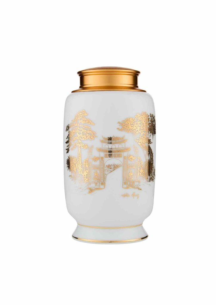 Hũ đựng trà 18s2 Sứ trắng Cổng Đền Hùng vàng kim