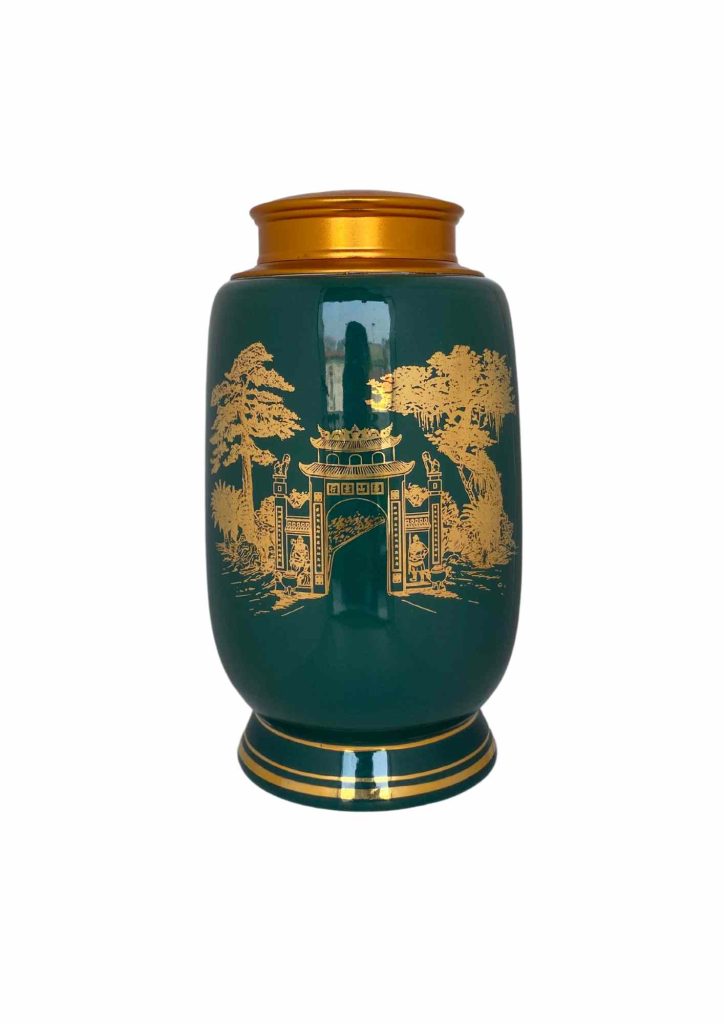 Hũ đựng trà 18s2 Xanh lá cọ Cổng Đền Hùng vàng kim