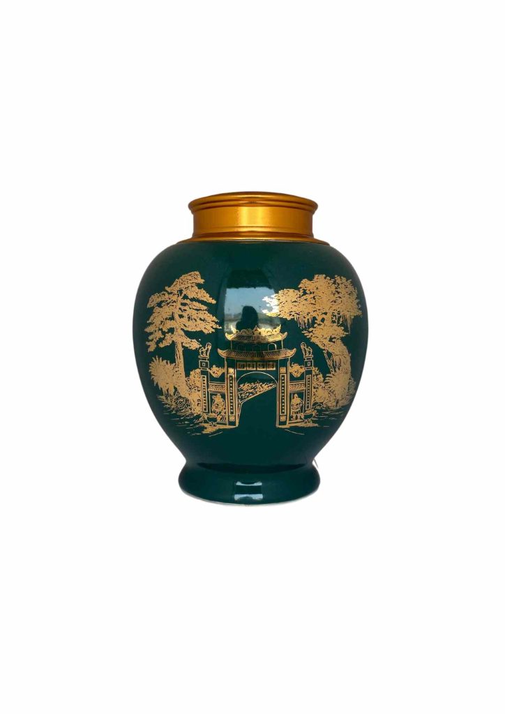 Hũ đựng trà 06s2 Xanh lá cọ Cổng Đền Hùng vàng kim