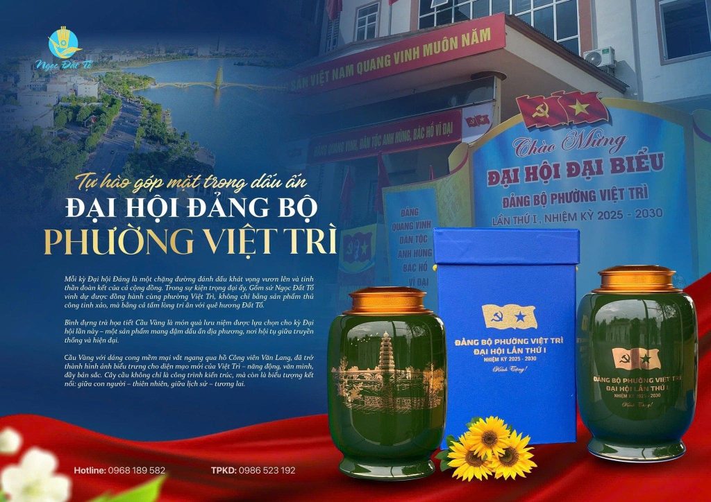 bình trà họa tiết Cầu Vàng-Đại hội Đảng phường Việt Trì