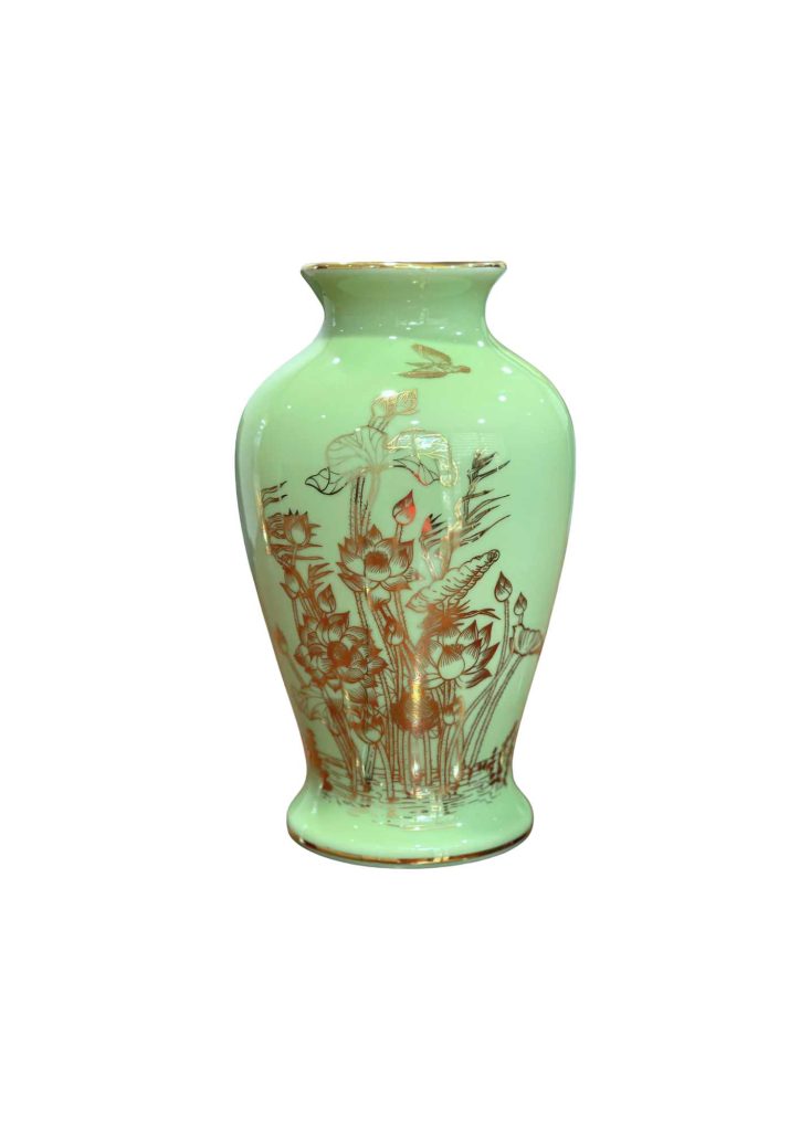 Bình hoa M6 Màu ngọc Hoa sen vẽ vàng kim