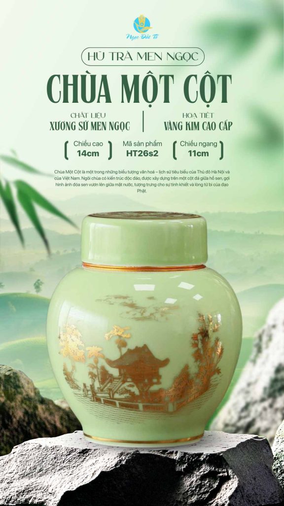 Hũ Trà HT26 Nắp sứ – Họa Tiết Chùa Một Cột Vàng Kim